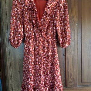 Ann Taylor Rust Floral Midi Dress with Ruffle V-Neck